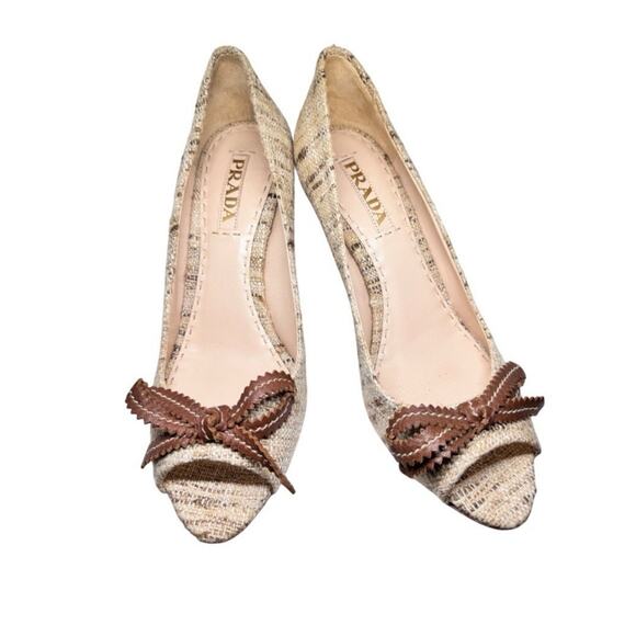 $995 PRADA TWEED BEIGE BROWN CORK WEDGE PEEP TOE SHOES WITH LEATHER BOW 39 - Picture 1 of 9